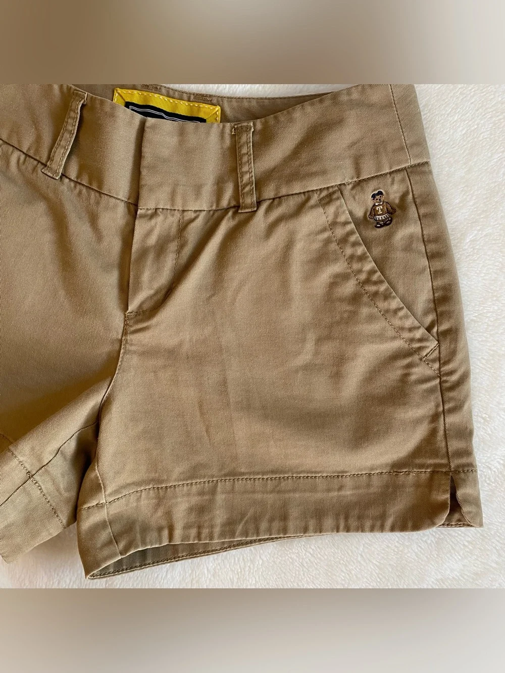Khaki / Tan Cotton Trouser Mini Short Shorts -Mid Rise, Slant Pockets, 3” long - Picture 4 of 13